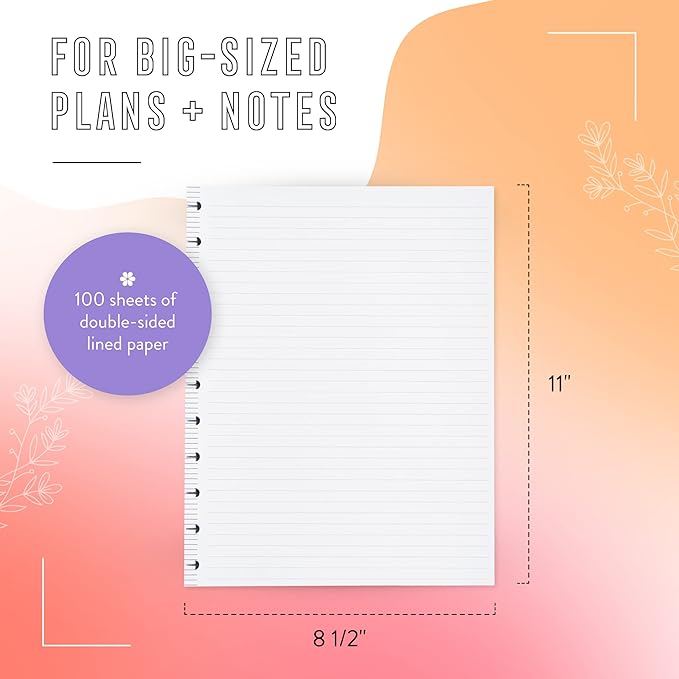 Happy Planner Plans + Notes Planner Refill Paper, 100 Sheets of Lined Refill Paper for Journals, Big Size