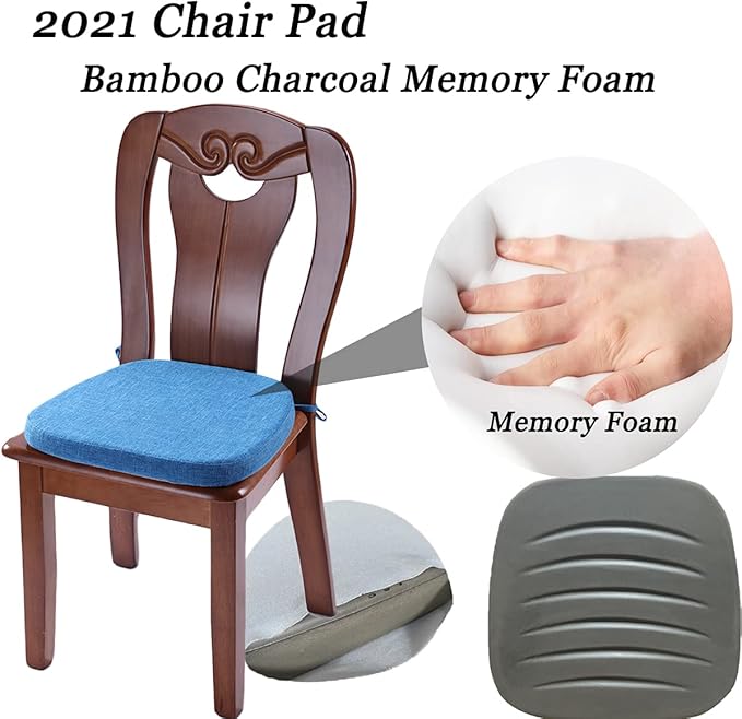 Chair Cushion with Ties for Dining Chairs - Memory Foam Non Slip Kitchen Chair Pad and Dining Seat Cushion with Machine Washable Cover [16.5 x 16.2 Inches] - Blue