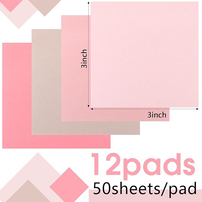 Thenshop 12 Pads Pink Sticky Notes 3''x3'', Self Stick Notes Pads Pink Office Supplies, Vintage Aesthetic School Accessories 50 Sheets/pad