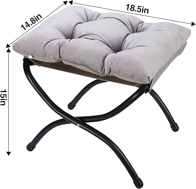 15" Foldable Foot Stool Ottoman with Metal Frame - Washable Light Grey Upholstered Indoor/Outdoor Footrest for Living Room, Bedroom, Patio - Space-Saving Compact Design