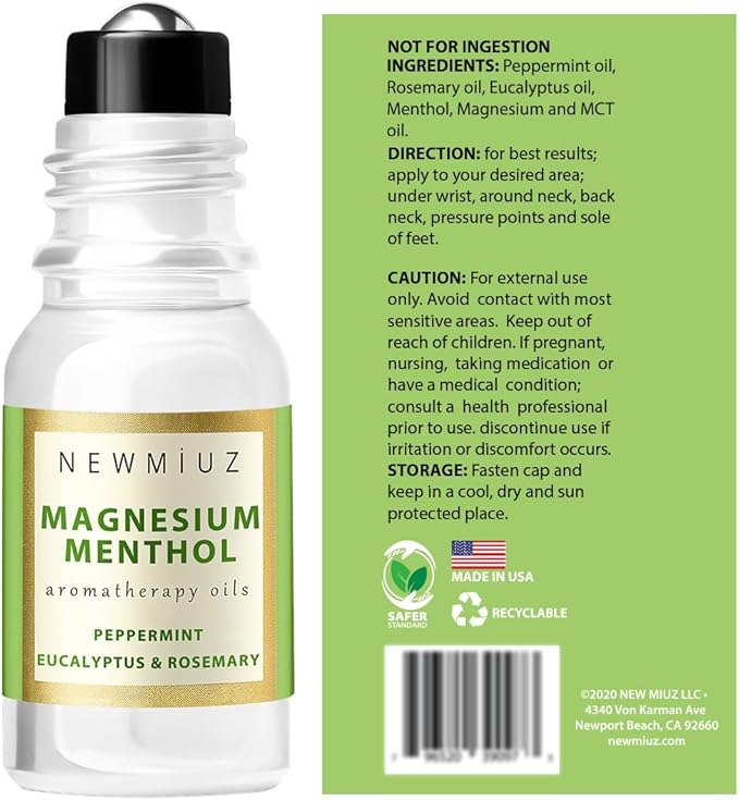 Magnesium Menthol Migraine Roll on Stick - Natural Fast Acting & Cooling Relief Peppermint Eucalyptus Aromatherapy Essential Oils for Headaches Sinus - Perfect Selfcare Gift Stocking Stuffers