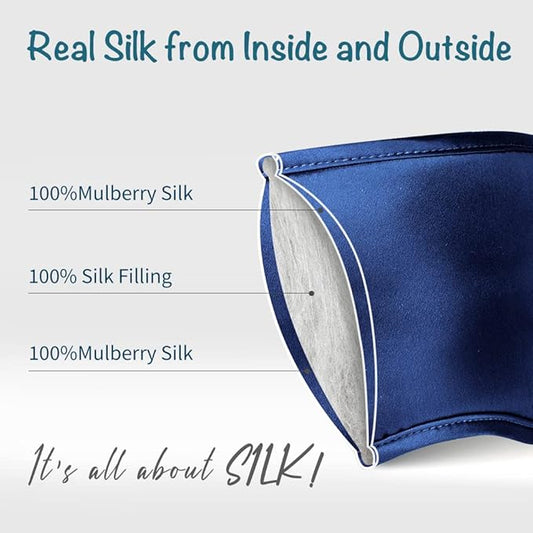 LULUSILK Mulberry Silk Sleep Eye Mask Blindfold with Elastic Strap Headband, Soft Eye Cover Eyeshade for Night Sleeping, Travel, Nap (Navy Blue)