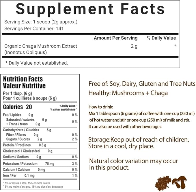 Mushroom Coffee-Chaga Coffee, Classic Recipe+Organic Birch Brown Hole Extract (30 servings per pack)