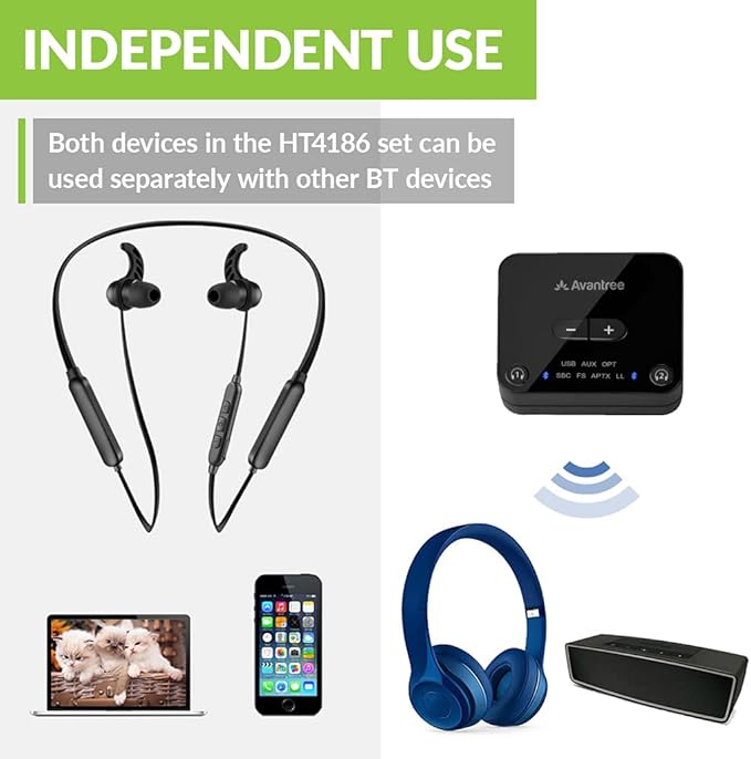 Avantree HT4186 - Wireless Earbuds for TV Watching, Bluetooth Neckband Listening Headphones with Transmitter for Seniors & Hard of Hearing, Support Optical, RCA, 3.5mm AUX Audio Ported TVs, No Delay