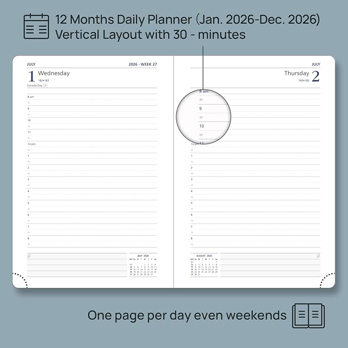 POPRUN Daily Planner 2026 (A5 Size-5.75" x 8.5") One Page Per Day Planner with Vegan Leather Hardcover - Agenda 2026 (Jan. - Dec.) Page A Day Calendar Book with Monthly Tabs, Inner Pocket TJ - Black