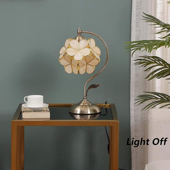 Bieye L10754 Tiffany Style Stained Glass Flower Petal Table Lamp with Brass Base for Home Décor (Cream, 8" Cherry Blossom)