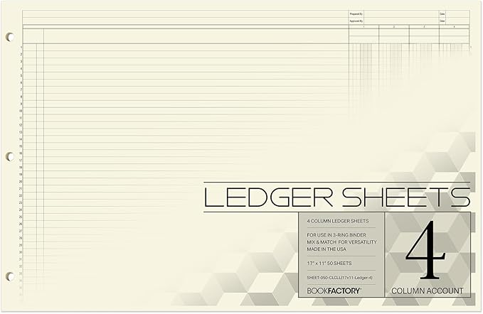 BookFactory Ledger Sheets/Large 4 Column Accounting Ledger Columnar (Four Columns) Loose Leaf Paper - 17'' x 11'', 50 Pages, Loose Leaf, 3 Hole Punched (SHEET-050-CLCLL(17x11-Ledger-4)-AX)