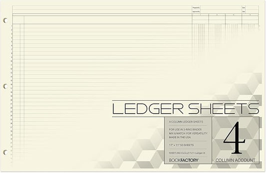 BookFactory Ledger Sheets/Large 4 Column Accounting Ledger Columnar (Four Columns) Loose Leaf Paper - 17'' x 11'', 50 Pages, Loose Leaf, 3 Hole Punched (SHEET-050-CLCLL(17x11-Ledger-4)-AX)