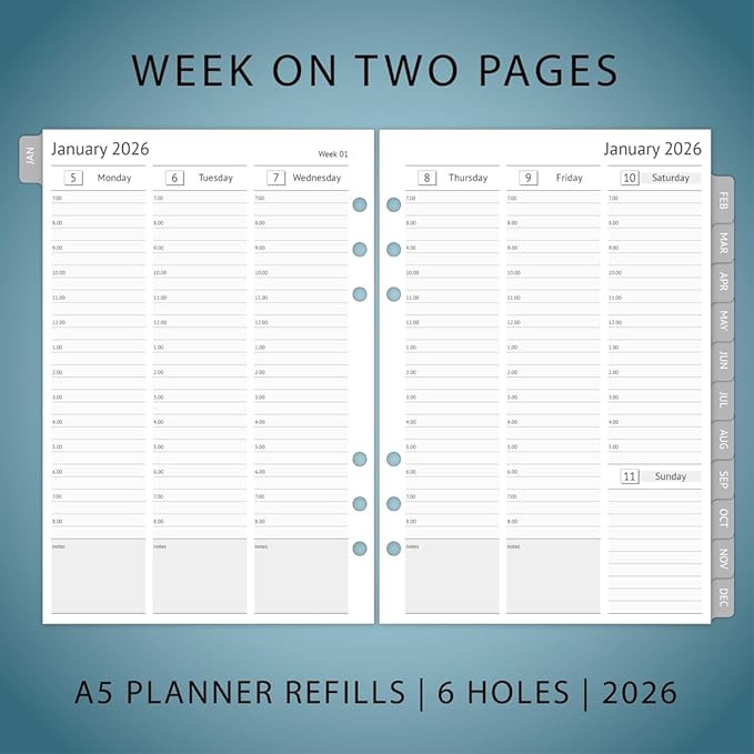 newestor 2026 A5 Planner Inserts, Filofax A5 Compatible, Weekly and Monthly Appointment Book Pages, Tabbed, 6 Holes