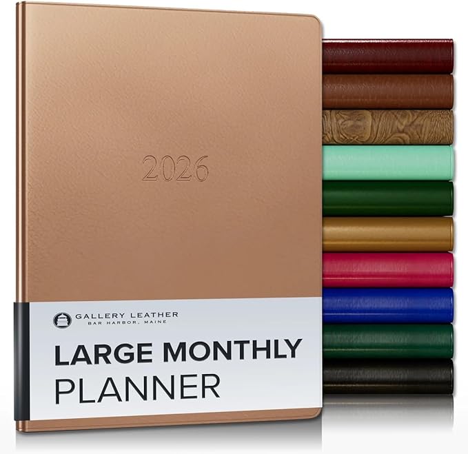 Gallery Leather Large Monthly Planner 2025-2026, Elegantly Bound Calendar Planner and Notebook with Stylish Gold-Gilded Page Edges, 18 Months - Freeport Metallic Rose Gold - 9.75x7.5"
