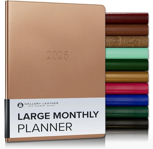 Gallery Leather Large Monthly Planner 2025-2026, Elegantly Bound Calendar Planner and Notebook with Stylish Gold-Gilded Page Edges, 18 Months - Freeport Metallic Rose Gold - 9.75x7.5"