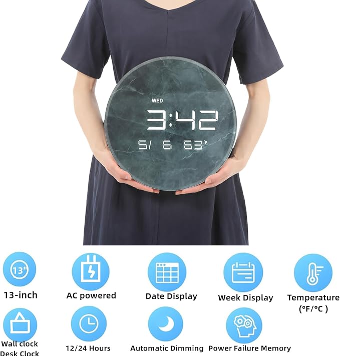 Digital Wall Clock with LED Display, 13" Calendar & Temperature, Automatic Dimming, 12/24hr Format, Wall & Desk Use - HUI-7855