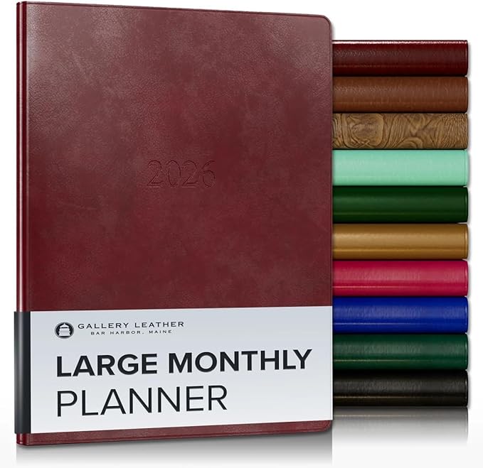 Gallery Leather Large Monthly Planner 2025-2026, Elegantly Bound Calendar Planner and Notebook with Stylish Gold-Gilded Page Edges, 18 Months - Acadia Deep Red - 9.75x7.5"