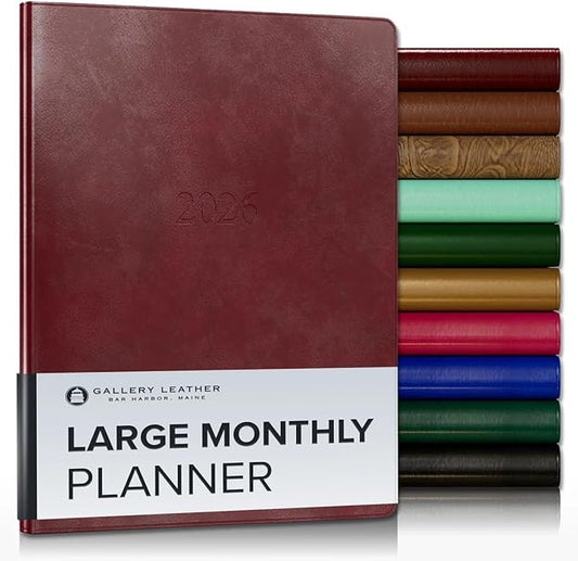 Gallery Leather Large Monthly Planner 2025-2026, Elegantly Bound Calendar Planner and Notebook with Stylish Gold-Gilded Page Edges, 18 Months - Acadia Deep Red - 9.75x7.5"