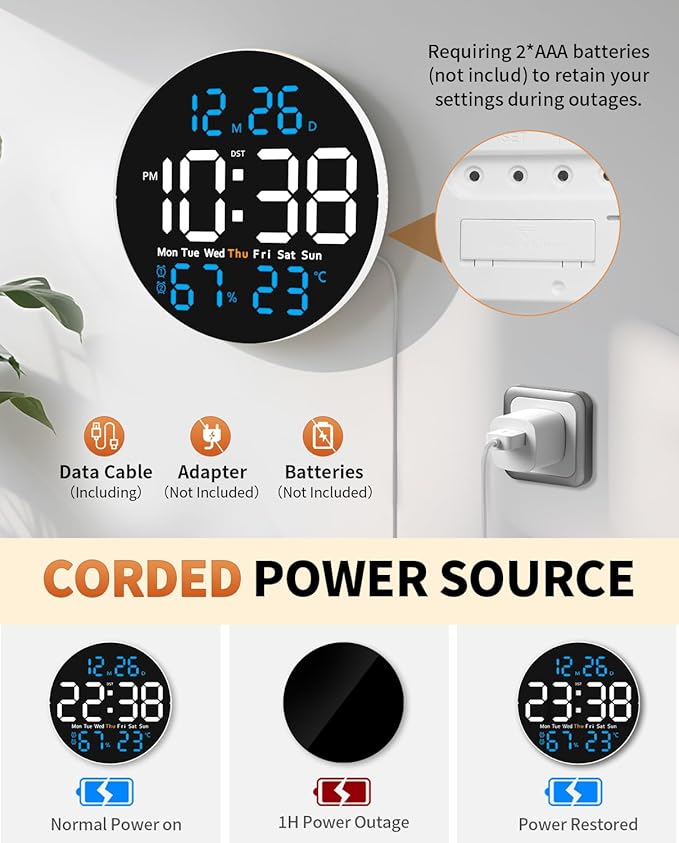 10 Inch Large Digital Wall Clock with 9 Color Changing Remote Control, Date Week Temperature, Auto Brightness Dimmer Big Clock with Night Lights,Blue