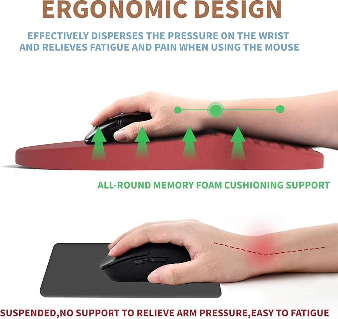 Ergonomic Mouse Pad Wrist Support with Massage Design, Pain Relief Mousepad with Wrist Rest, Memory Foam & Non-Slip PU Base, Red Mouse Pads for Desk, Office & Home
