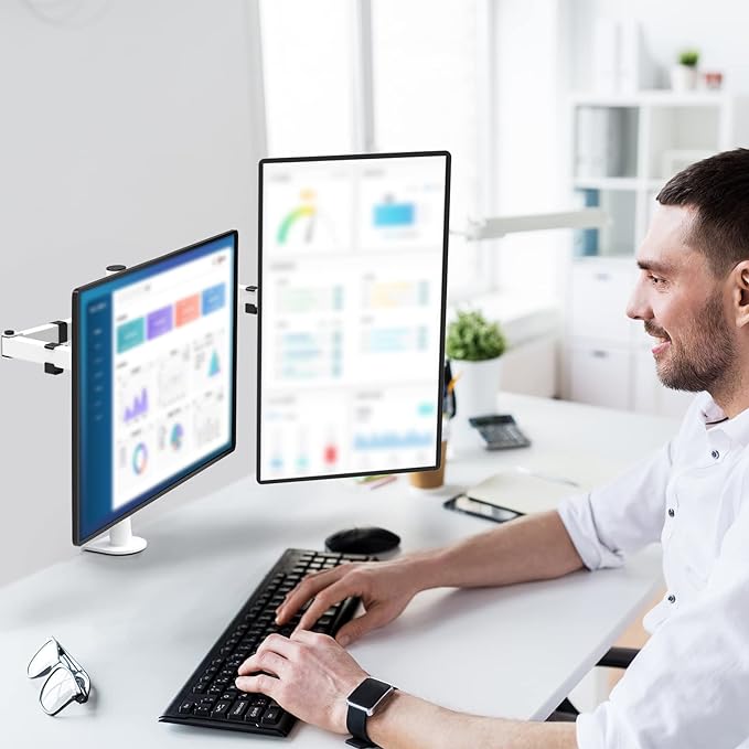 WALI Dual LCD Monitor Fully Adjustable Desk Mount Stand Fits 2 Screens up to 27 inch, 22 lbs. Weight Capacity per Arm (M002-W), White