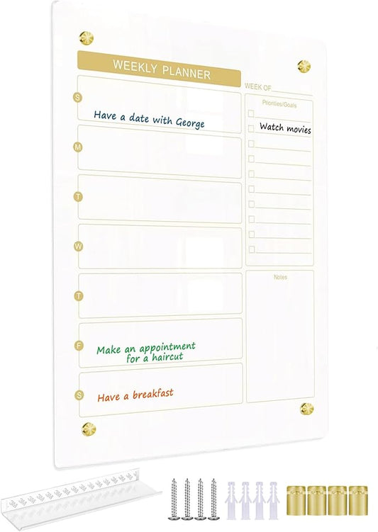 Glass Dry Erase Calendar Whiteboard for Wall, Small Weekly Calendar Glass White Board, 11.8" x15.7", Planner Board for Home, Office, School (Weekly-WH-3040)