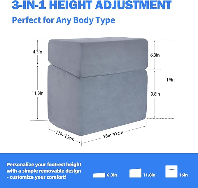 Adjustable Foot Rest for Under Desk - 3-in-1 Ergonomic Foot Stool with Zipper Connection, 6.3"/11.8"/16" Height Adjustable for Office, Home & Gaming (Gray)