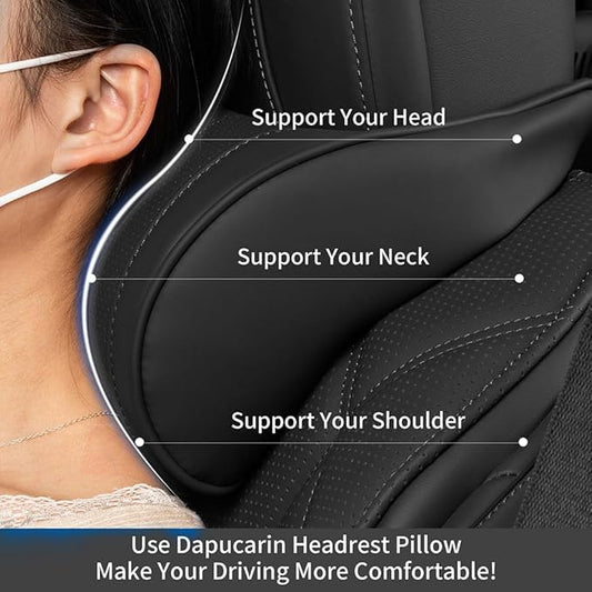 Car Headrest Memory Foam Neck Pillow for Driving with Leather Cover Soft Comfortable Seat Head Pillow Cushion for Most Cars SUV Sedan Home Office Black (2PC)