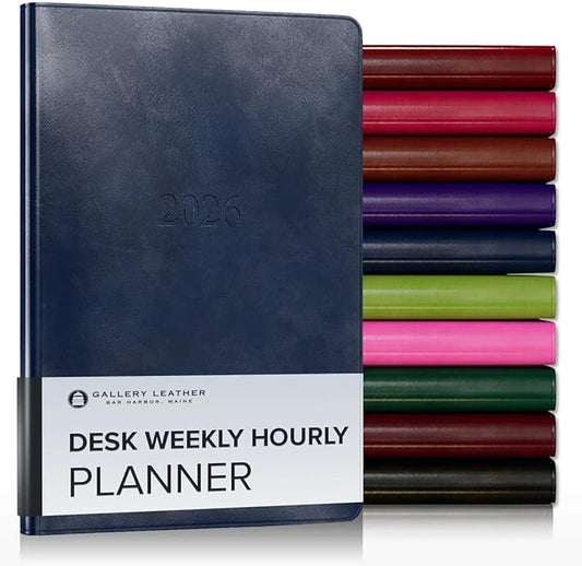 Gallery Leather Desk Hourly Weekly Monthly Planner 2025-2026, Elegantly Bound Calendar Planner and Notebook with Stylish Gold-Gilded Page Edges, 12 Months - Acadia Navy - 8 x 5.5 "