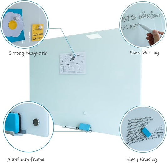 Glass Magnetic Dry-Erase Board -60"x40"Frameless Wall Mounted Glass Whiteboard for Wall, Large Frameless Magnetic White Board for Office, Home & School