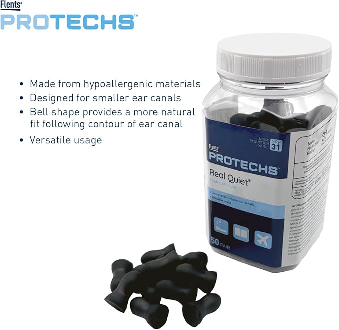 Flents Protechs Real Quiet Foam Ear Plugs for Small Ear Canals, Soft, Comfortable Hearing Protection for Sleep, Work, Travel & Loud Noise, NRR 31, Easy to Use, Black, 50 Pairs