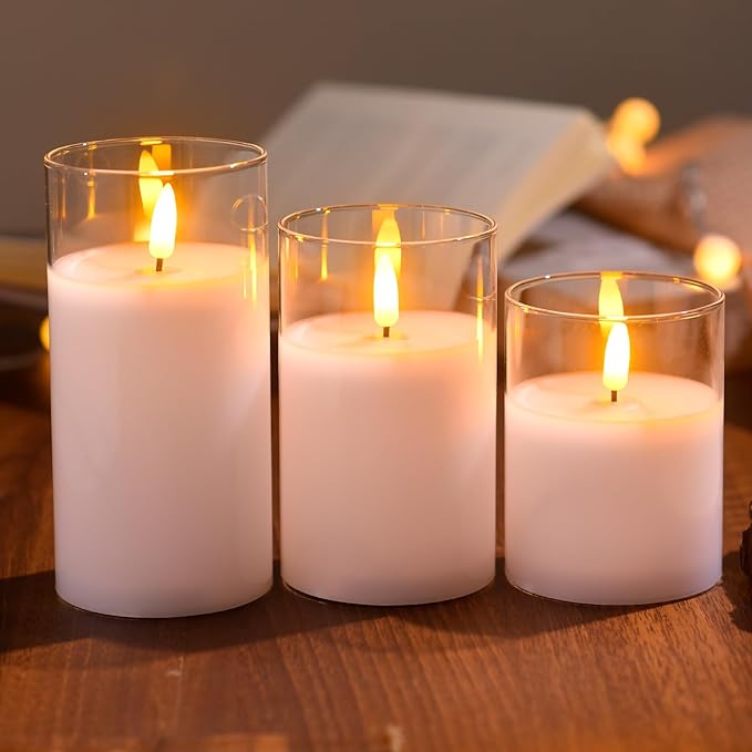 Glass Battery Operated LED Flameless Candles with Remote and Timer, Real Wax Candles Warm Color Flickering Light for Festival Wedding Home Party Decor(Pack of 3)-White