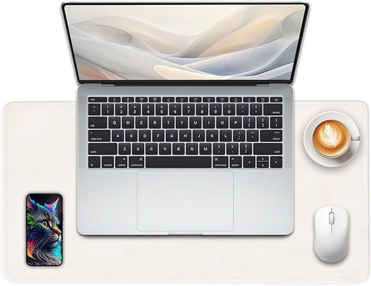 Non-Slip Desk Pad, 24" x 14" Large Mouse Pad, PU Leather Desk Mat with Suede, Laptop Desk Pad, Waterproof Keyboard Pad, Desk Blotter for Office/Home/Decor (Ivory White)