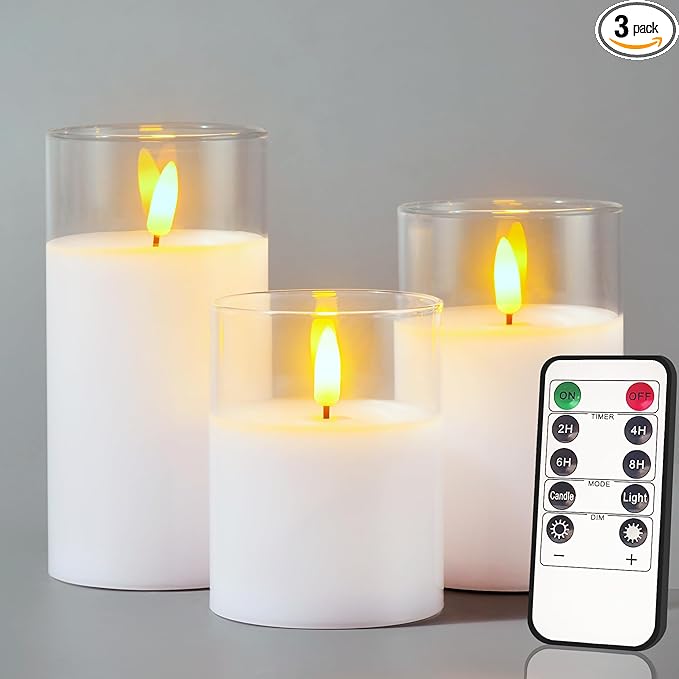 Glass Battery Operated LED Flameless Candles with Remote and Timer, Real Wax Candles Warm Color Flickering Light for Festival Wedding Home Party Decor(Pack of 3)-White