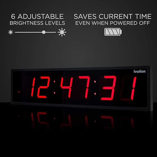 Ivation Huge Oversized 60" Large Digital LED Clock | Big Digital Clock w/Multi-Function Display – Stopwatch, Timer, Alarms, Temp & Date | 6 Brightness Levels, Time Memory & Remote (Red)