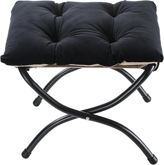 15" Foldable Foot Stool Ottoman with Metal Frame - Washable Black Upholstered Indoor/Outdoor Footrest for Living Room, Bedroom, Patio - Space-Saving Compact Design