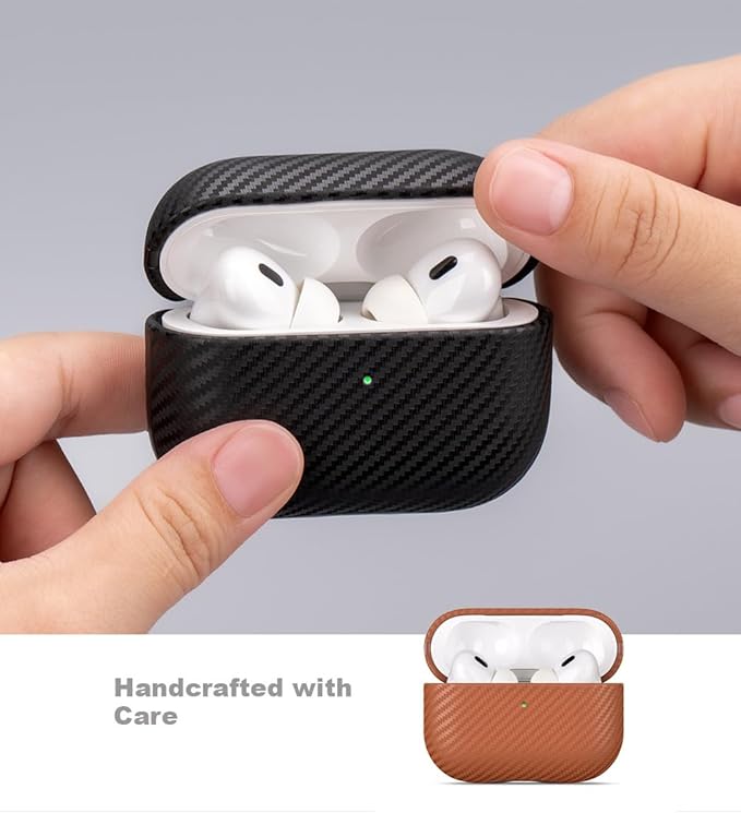 LOPIE Leather Case for AirPods Pro 2nd Generation - Handmade AirPods Pro 2 Case Cover - Made of Real Leather - Protective Hard Shell Cover - Carbon Fiber Style - Wireless Charging Compatible - Brown