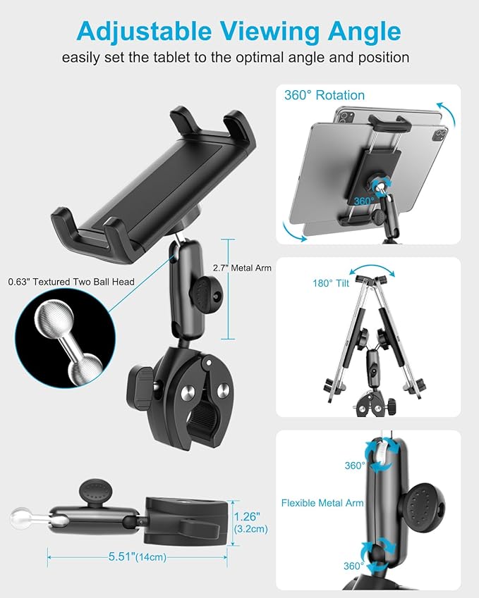 Tablet Yoke Mount, iPad Yoke Clamp Mount for Aircraft, 360° Adjustable Metal Arm Aviation Trainer Tablet Holder for iPad Pro 13 12.9 11, iPad Air Mini, Galaxy tab, iPhone, 4-13" Device