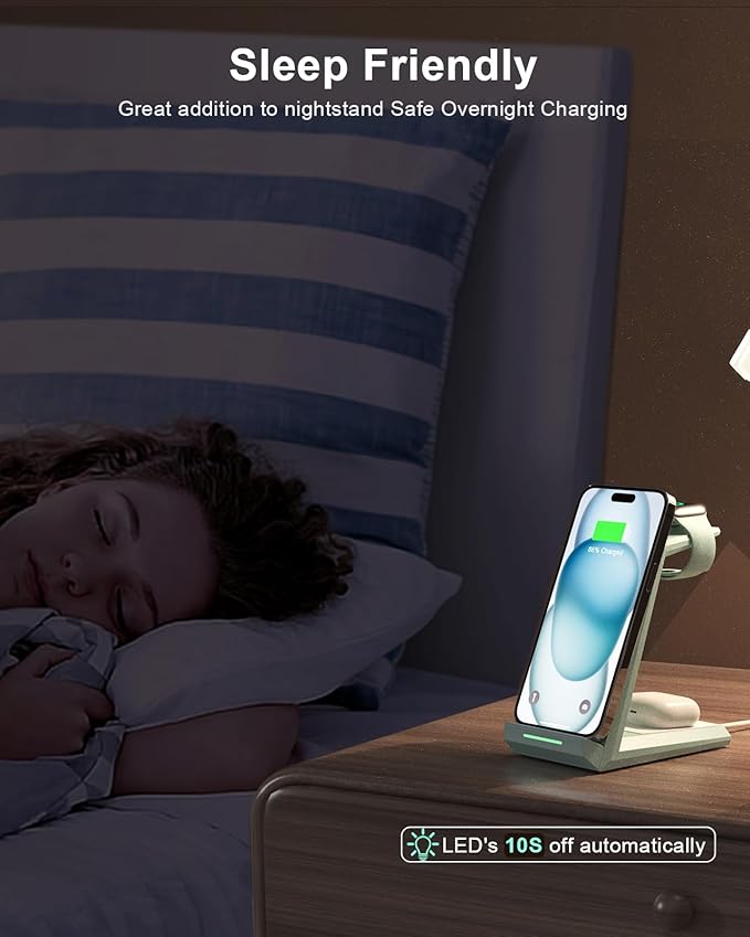 Wireless Charging Station for iPhone - ADADPU 3 in 1 Charger Stand for iPhone 17 16 15 14 13 12 11 Pro Max XR 8 Plus, Wireless Charging Dock for Apple Watch 9/8/7/SE/6/5/4/3/2, AirPods Pro/3/2 (Green)