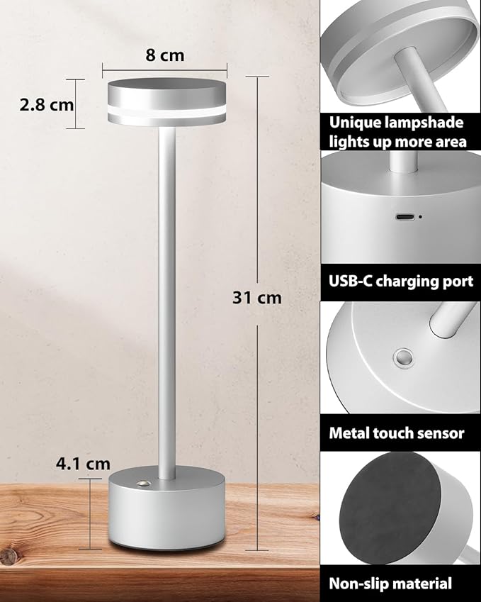 Modern LED Rechargeable Cordless Table Lamp with Touch Sensor, Aluminum Shell, 4000mAh Certified Battery, 3 Levels Brightness, USB-C Charging Port, 3000K Portable Metal Bedside Lamp (Silver)