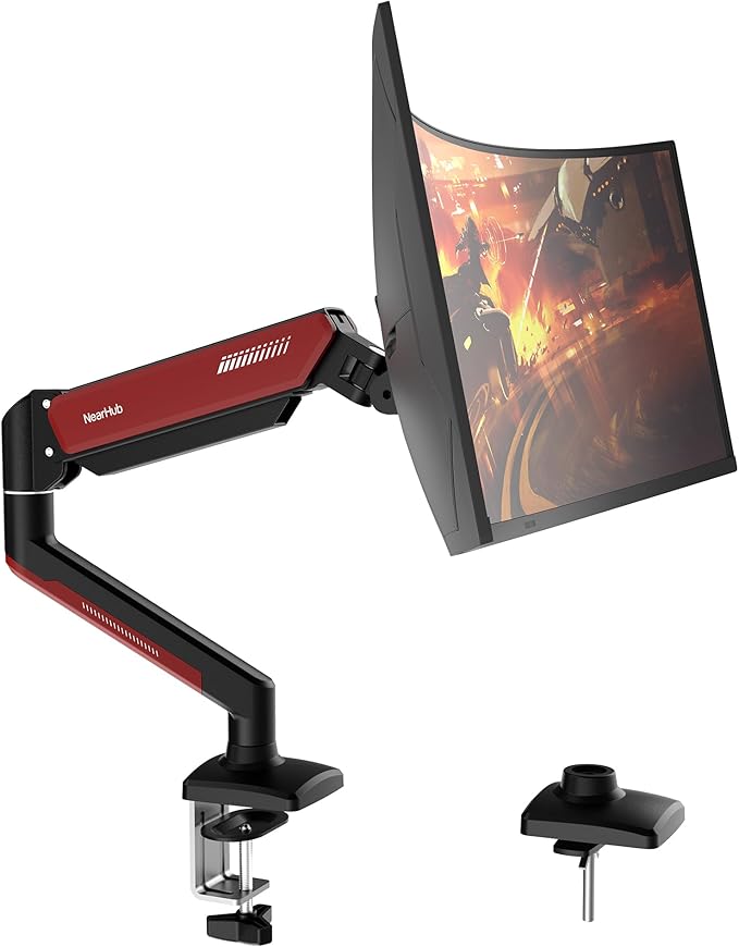 Gaming Monitor Mount for Computer Screen 13-32" and up to 22 lbs,360° Rotation,+90° to -45° Tilt,180° Swivel,with C Clamp and Grommet Base,Integrated Cable Management,75x75/100x100 VESA,RED