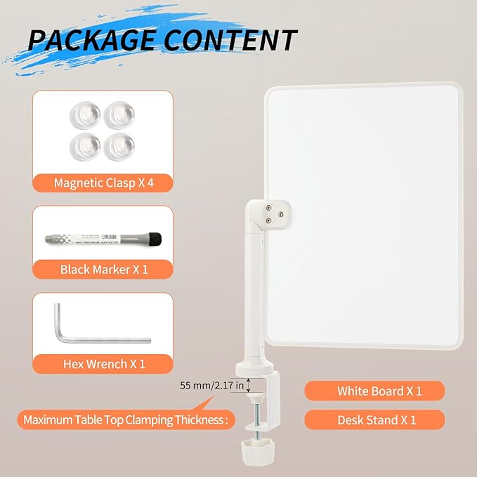 360° Rotating Desktop Dry Erase Whiteboard with Stand, 16" x 12" Double-Sided Magnetic Board with Clamp Holder Mount for Desk Up to 2.17" for Drawing, Office, Home, School (White)