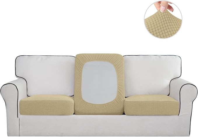 Easy-Going Stretch Individual Chair Couch Cushion Cover Sofa Cushion Furniture Protector Sofa slipcover Soft Flexibility with Elastic Bottom (3-Piece Sofa Cushion Cover, Beige)