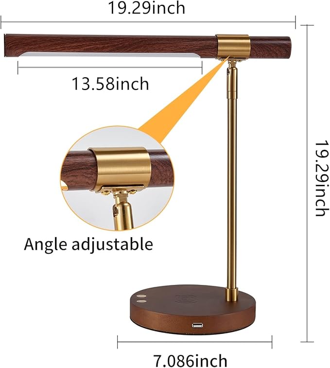 LED Wood Grain Desk Lamp with Wireless Charger, Desk Lamps for Home Office with USB Charging Port, Touch Control Desk Light Adjustable, Eye-Caring Office Lamp with Night Light