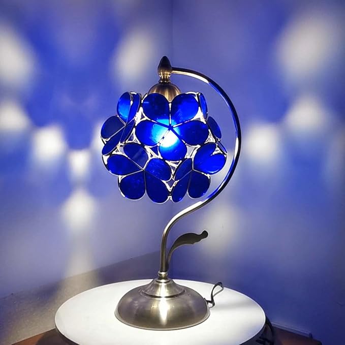 Bieye L10750 Tiffany Style Stained Glass Flower Petal Table Lamp with Brass Base for Home Décor (Blue, 8" Cherry Blossom)