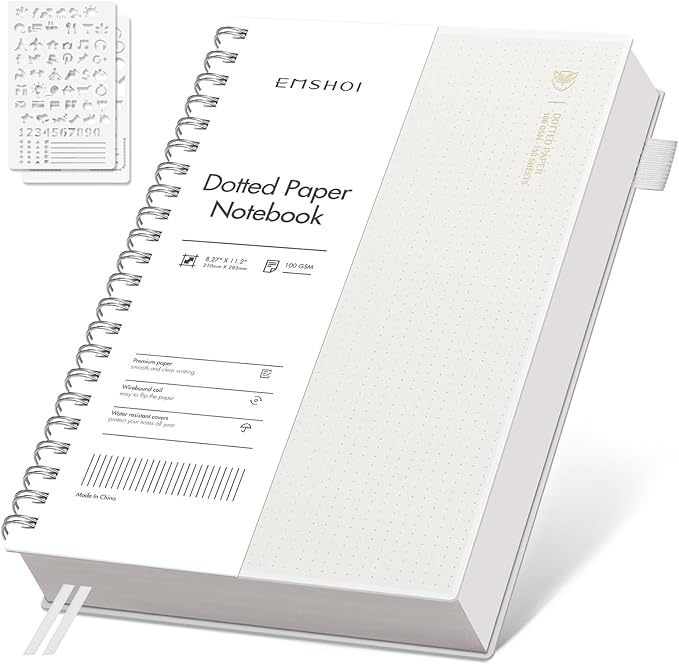 EMSHOI A4 Spiral Notebook Bullet Dotted journal, Dotted Grid Notebook with 300 Pages, 100gsm Thick Paper, Waterproof Softcover Notebook for School Work Writing, 8.27" × 11.2" - Transparent