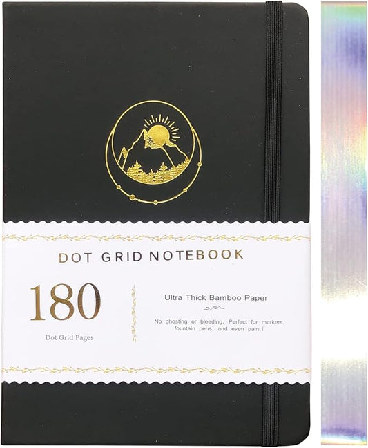 Dotted Notebook Journal 180GSM Bamboo Thick White Paper 160 Pages 5 * 5MM Dot Grid, Lay Flat Binding,Colored Silver Edges, Bookmarks and Expandable Back Pocket (BKP-2)