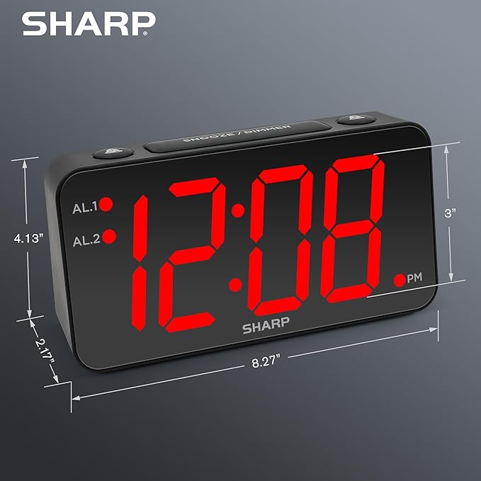 Sharp Digital Alarm Clock with Jumbo Numbers, Easy to See Large Numbers from Across Room with Simple Operation, Battery Back-up, Black Case with Red LED Display
