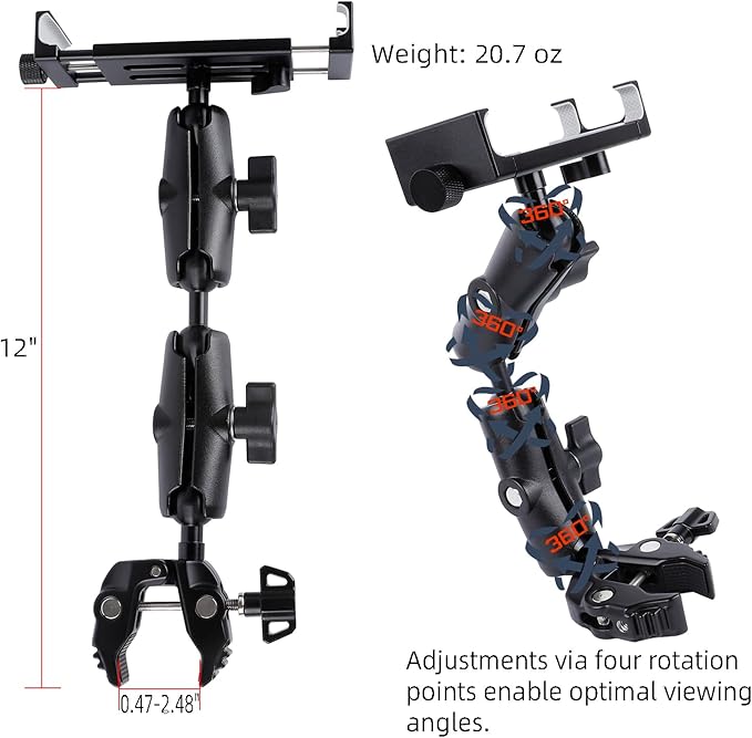 Aluminum Dual Arm Tablet Mount with Super Clamp for Rails 0.5'' to 2'' in Diameter, Side Mount Tablet Holder for Mic Stand, Compatible with iPad Pro 12.9 Air Mini, Galaxy Tab, 4.7-12.9" Tablets