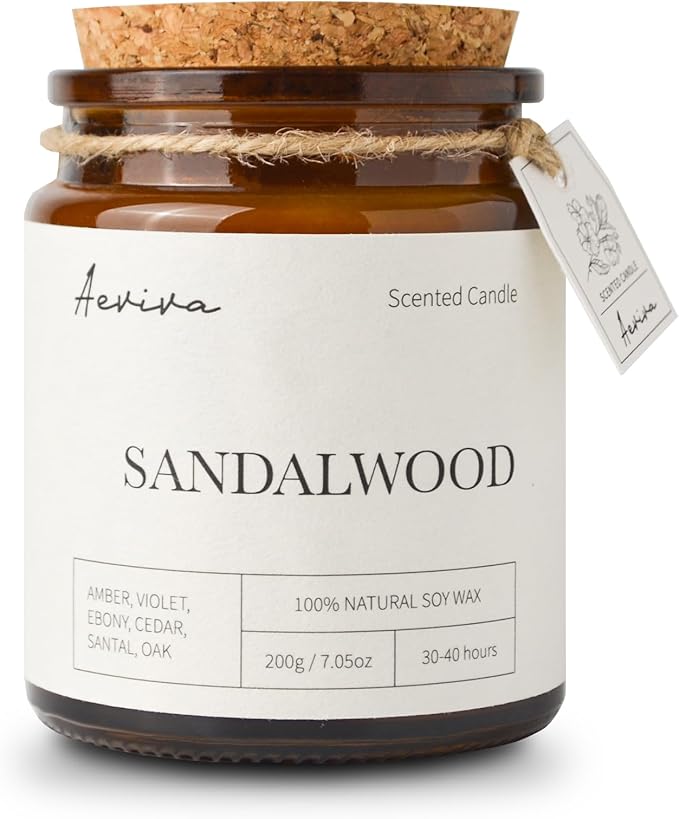 Scented Candle, 7.05 oz Sandalwood Aromatherapy Candle, Natural Soy Wax with Wooden Wick, Candles for Home Scented, Stress Relief Amber Jar Candle Gifts