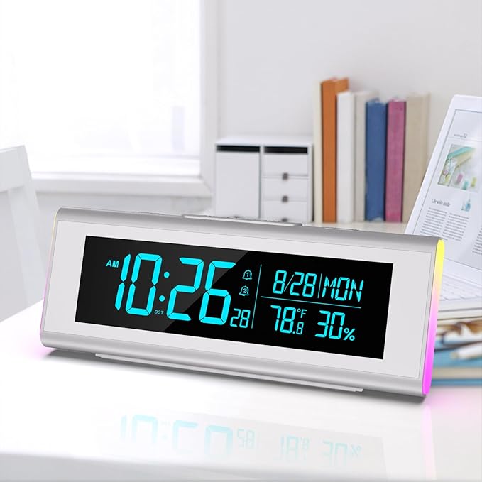 Digital Alarm Clocks for Bedrooms, LED Desk Clock with RGB Night Light, Brightness Dimmer, Date, Week, Temperature Large Display, Modern Decor for Desk, Office, Gift for Kids, Teen, Adults (Silver)