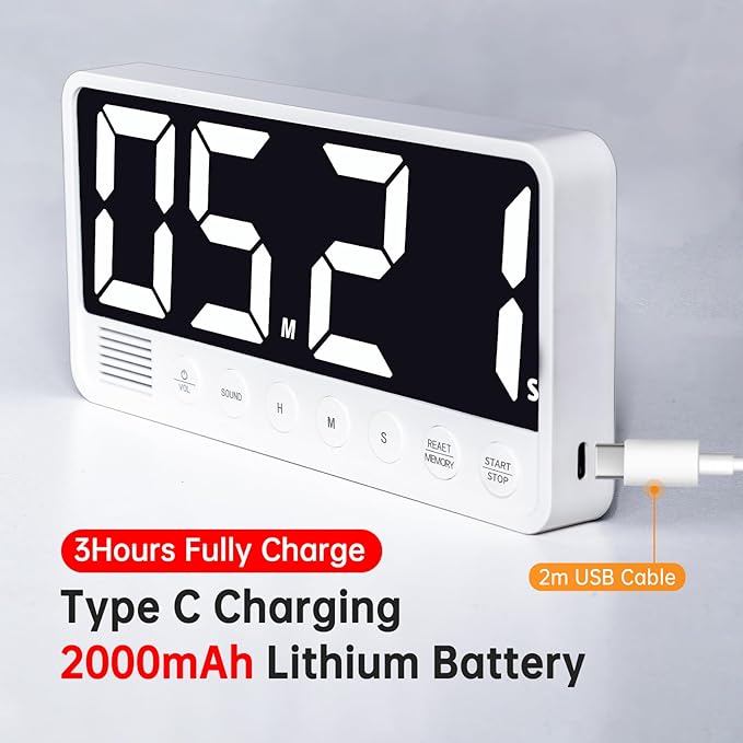 FCXJTU Digital Kitchen Timer - 7.1” Extra Large Display LED Magnetic Rechargeable Countdown/Up Timer, with 6 Alarms 4 Levels Volume Memory Function for Cooking, Classroom, Office, Home Gym (White)