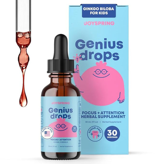 JoySpring Genius Drops for Kids | Clinically Proven Focus Supplement | Liquid Herbal Focus Supplement with Ginkgo Biloba for Kids (1 fl oz) 30 Servings