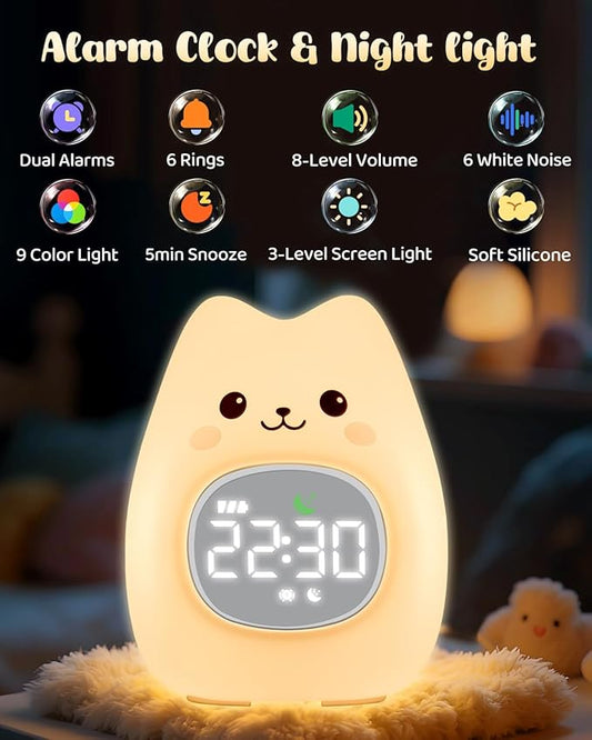 Cat Alarm Clock for Kids with Night Light, Sleep Training Clock Time to Wake Clock, Rechargeable Silicone Light for Bedroom, Perfect Sleep Companion for Boys Girls